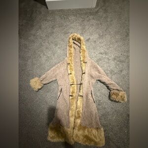 Vintage 70s Penny Lane Fur Tan Leather Hooded Buckle Coat sweater JacketXS/S